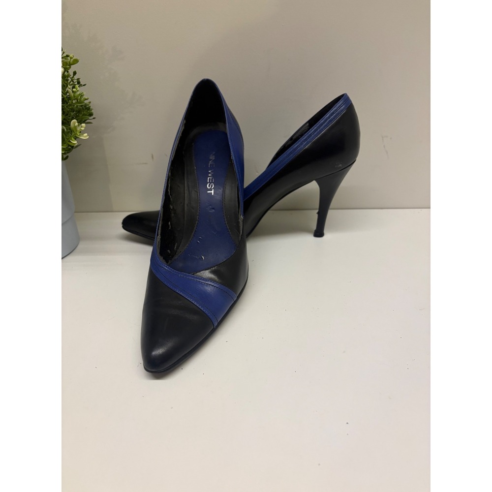Retro Black Blue Two Tone Leather Pointed Chic, Costume Vintage 8M